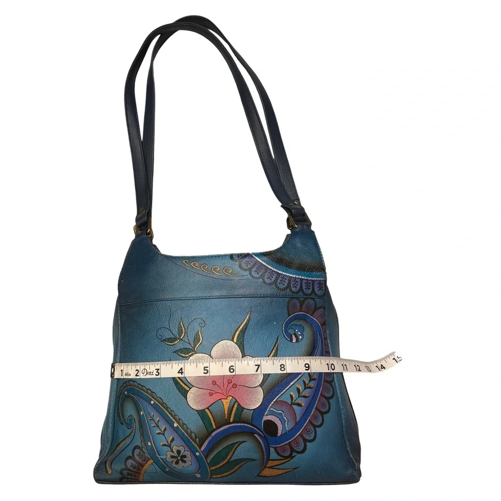 Anna by Anuschka Hand-Painted Blue Leather Hobo Bag - Picture 3 of 12
